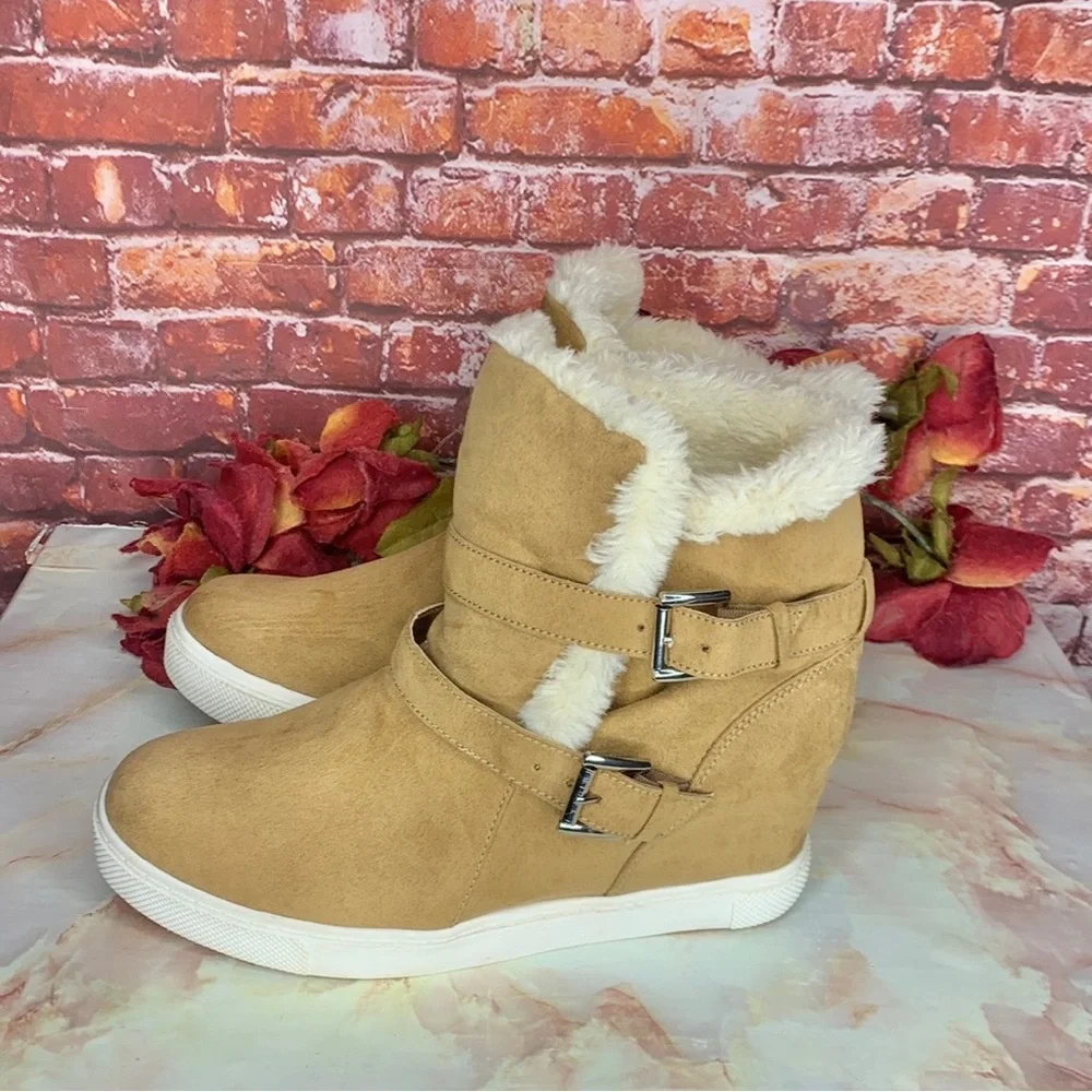 Madden NYC Tan Suede Faux Fur Peytonn Wedge Ankle Boots